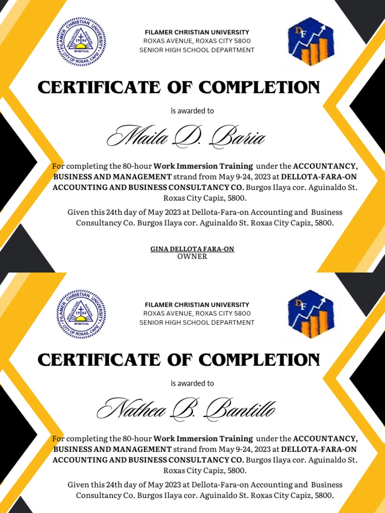 Work Immersion Completion Certificates | PDF | Career & Growth