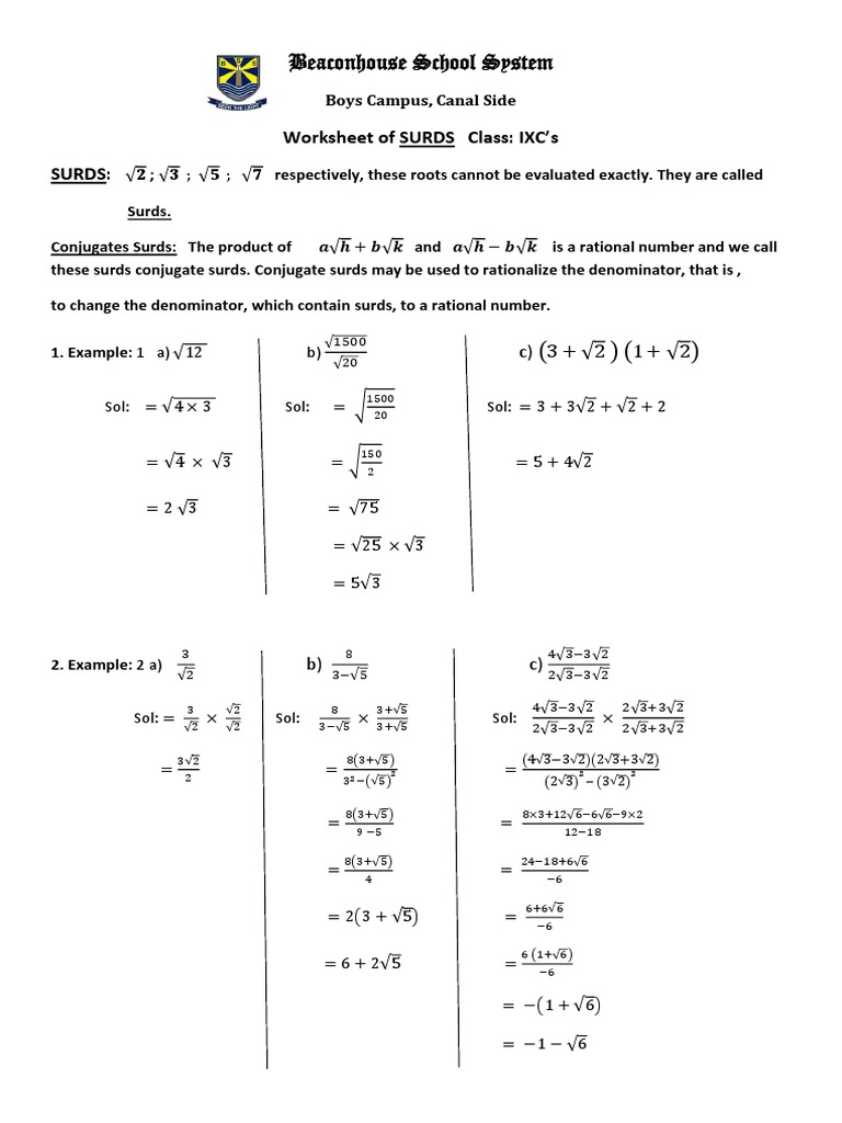 Surds Practice Worksheet PDF Square Root Complex Analysis