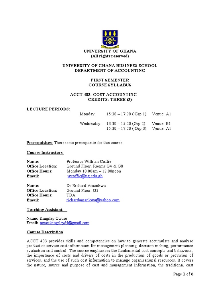 Cost Accounting Syllabus - ACCT 403 | PDF | Accounting | Financial ...
