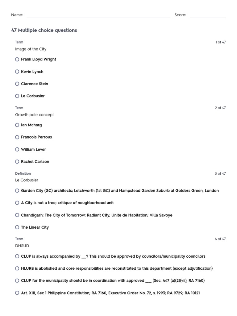 Planning Quiz PDF Urbanization Urban Planning