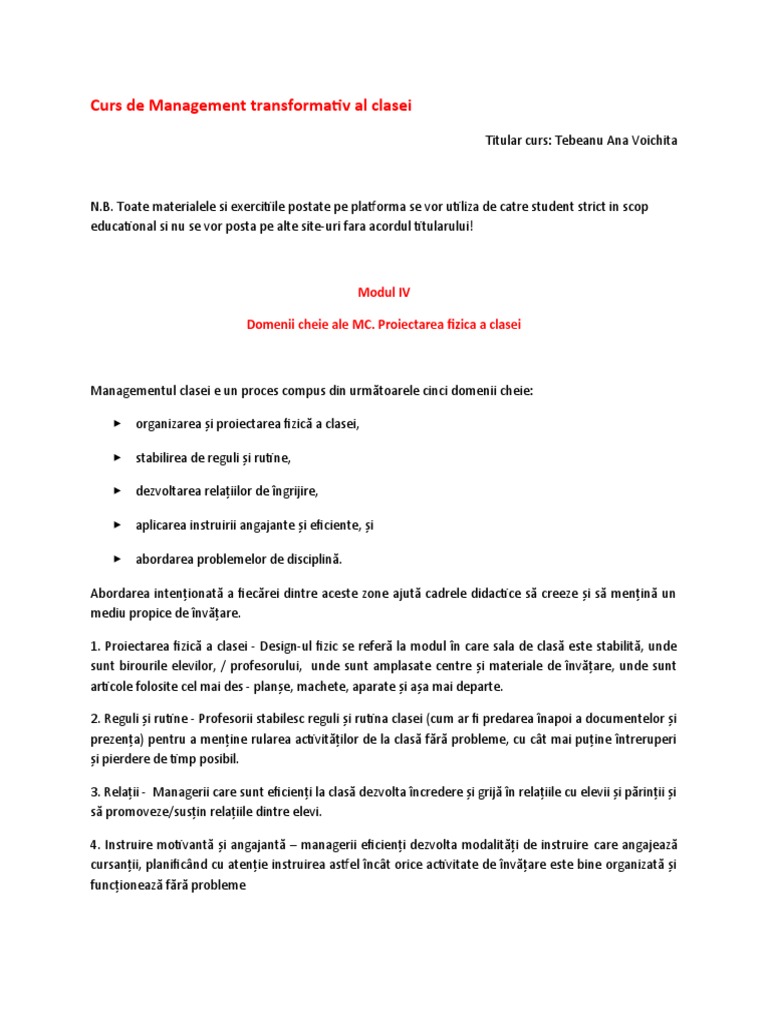 Curs de Management Transformativ Al Clasei Modul PATRU 2023 | PDF