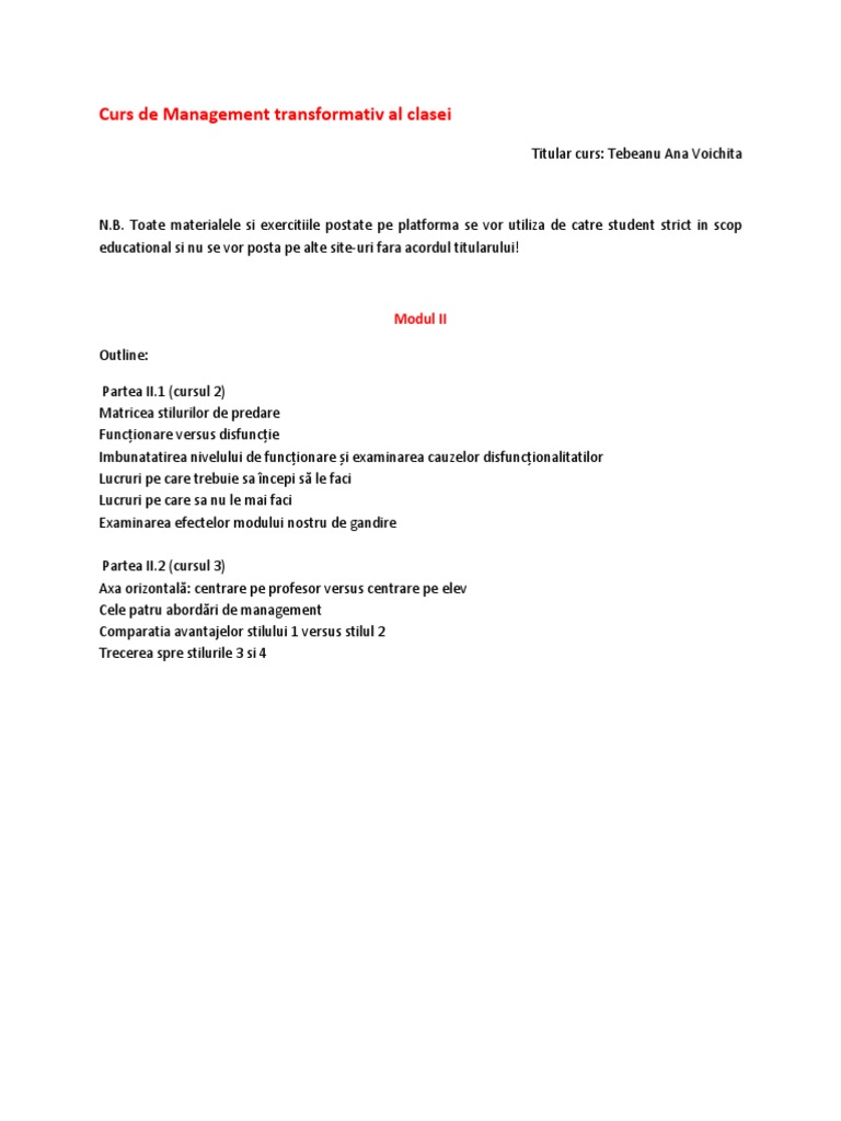 Curs de Management Transformativ Al Clasei Modul DOI 2023 | PDF