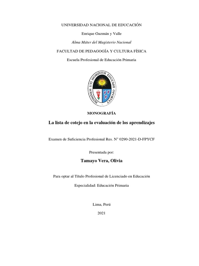 Monografía - Tamayo Vera Olivia - Fpycf | PDF | Evaluación | Plan de ...