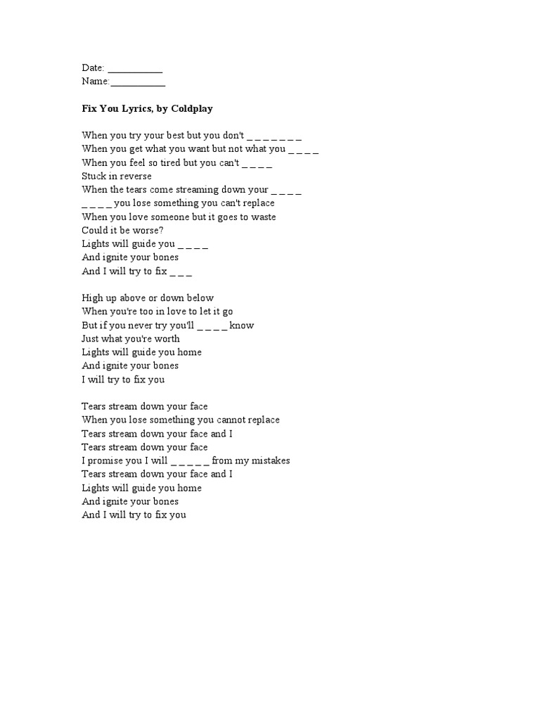 Coldplay Fix You Lyrics Analysis | PDF | Language Arts & Discipline