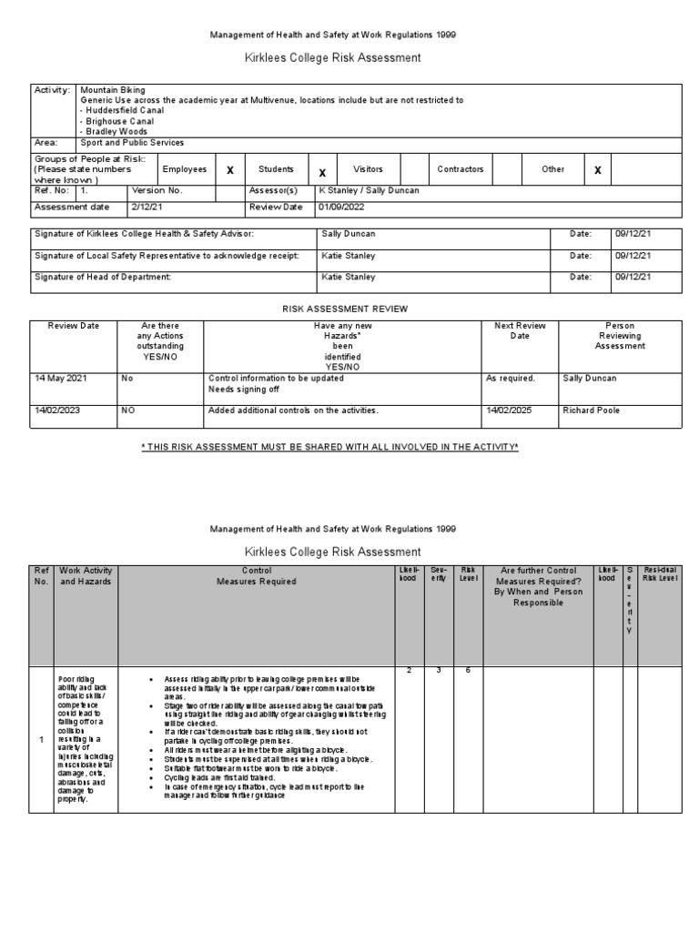 01 Cycling Risk Assessment PDF Risk Risk Assessment