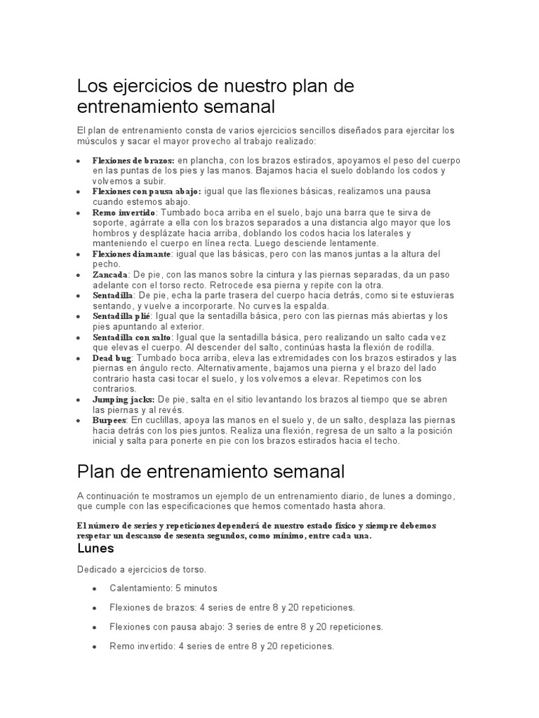 Los ejercicios de nuestro plan de entrenamiento semanal PDF