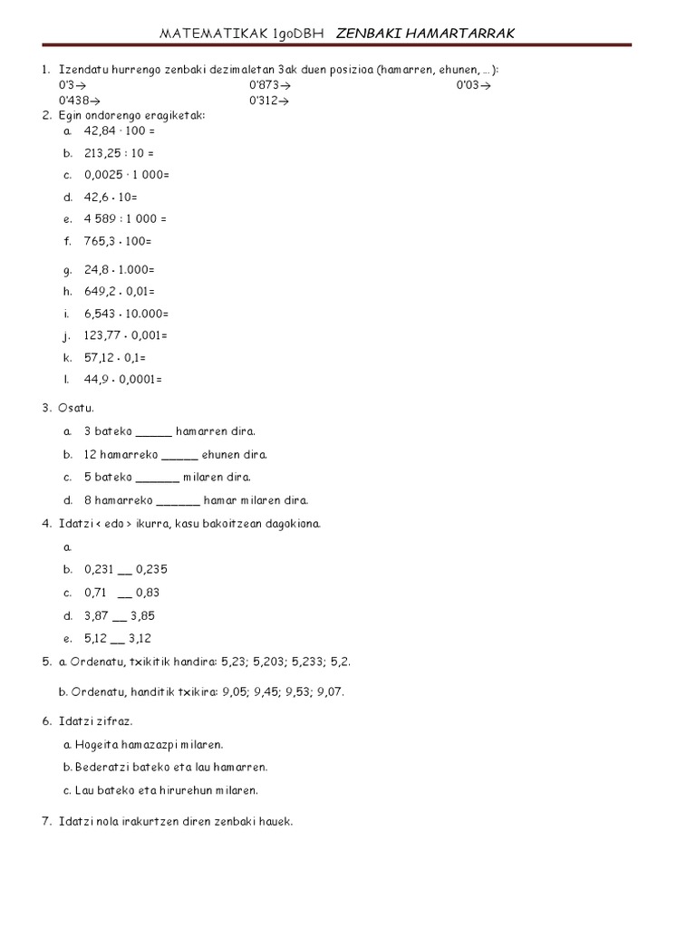 Matematikak 1godbh Zenbaki Hamartarrak | PDF
