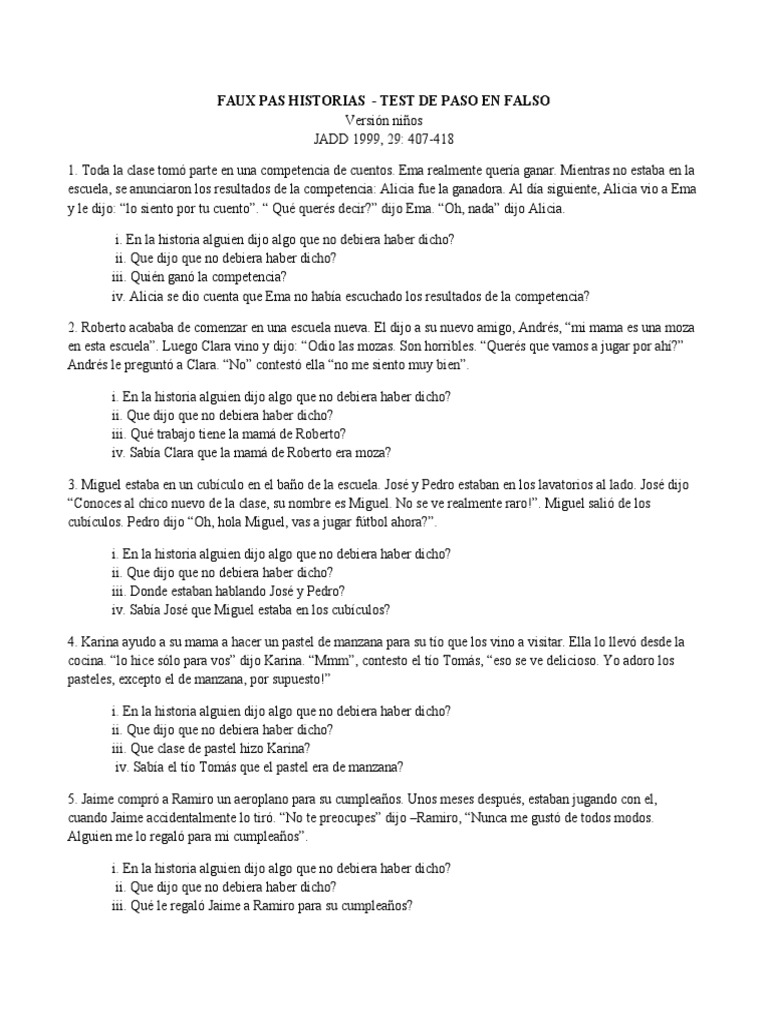 Faux Pas Historias - Test de Paso en Falso | PDF