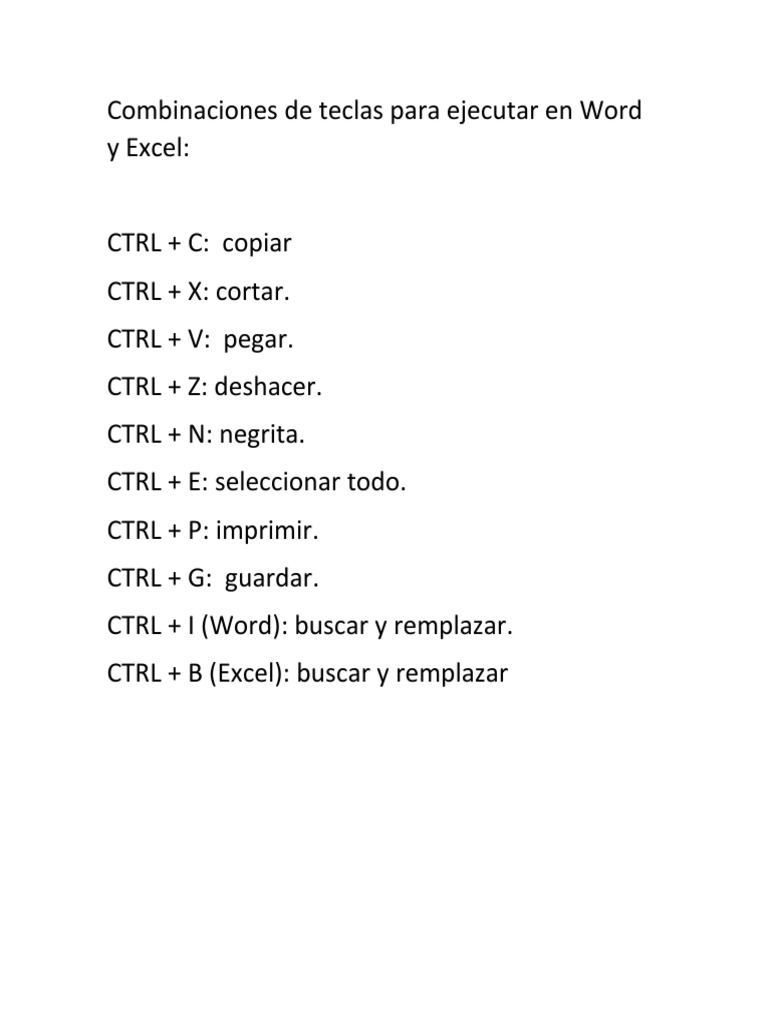 Combinaciones de Teclas para Ejecutar en Word y Excel PDF