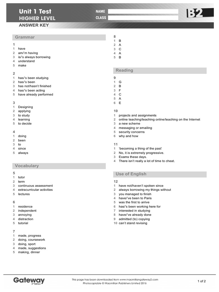 Gateway B2 Unit 1 Test Answers | PDF | Linguistics | Learning