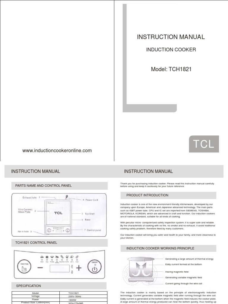 Induction Cooker Manual Tcl 1821 Cookware And Bakeware