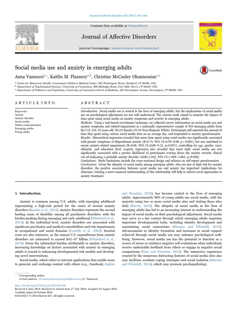 Article - Social Media Use and Anxiety in Emerging Adults | Download ...