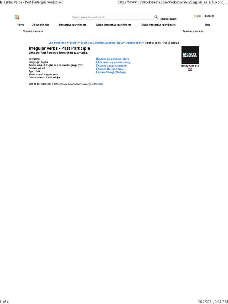 Irregular Verbs - Past Participle Worksheet | PDF | Verb | English As A