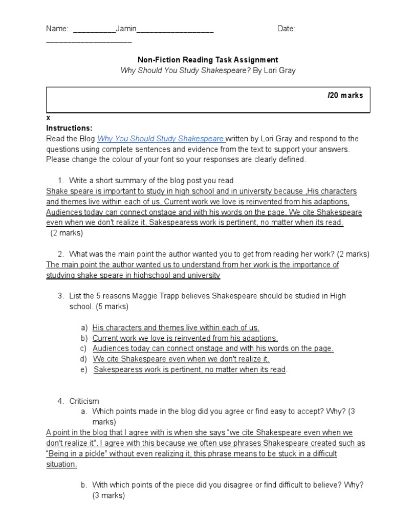 Non Fiction Reading Task Why Should You Study Shakespeare Pdf
