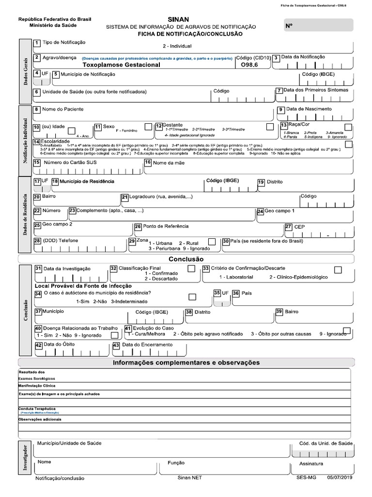 Toxoplasmose Gestacional Ficha de Notificacao | PDF
