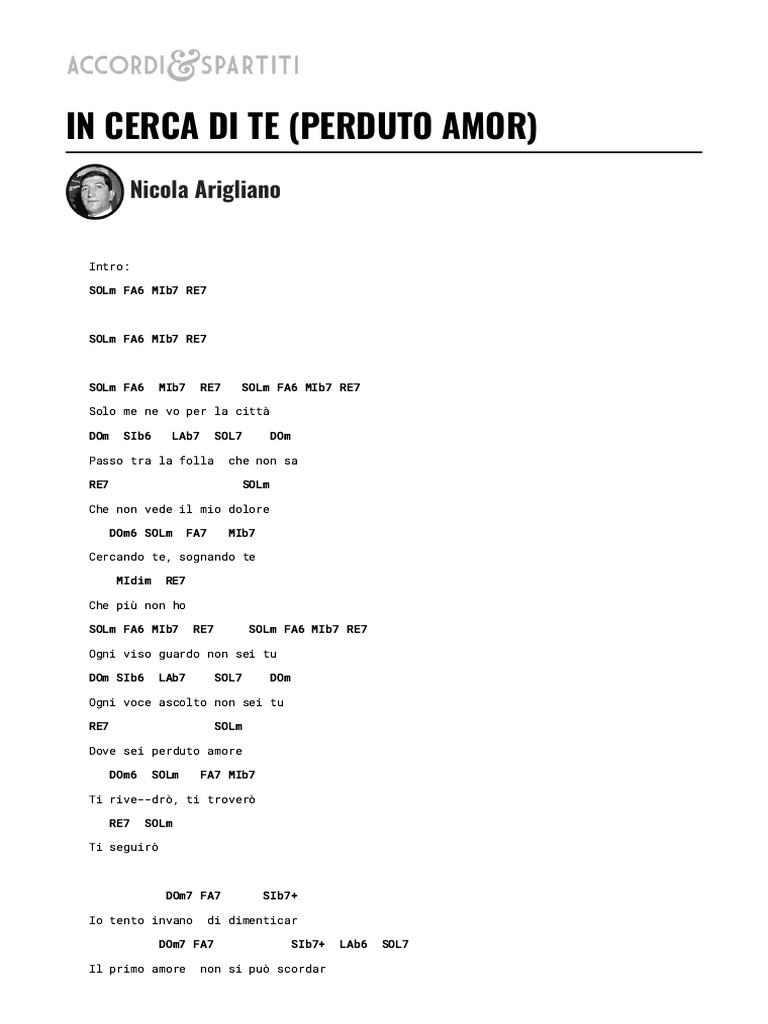 IN CERCA DI TE (PERDUTO AMOR) Nicola Arigliano PDF
