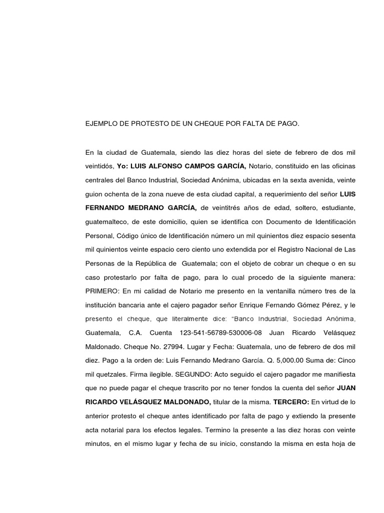 Ejemplo de Protesto de Cheque | PDF | Guatemala | Cheque