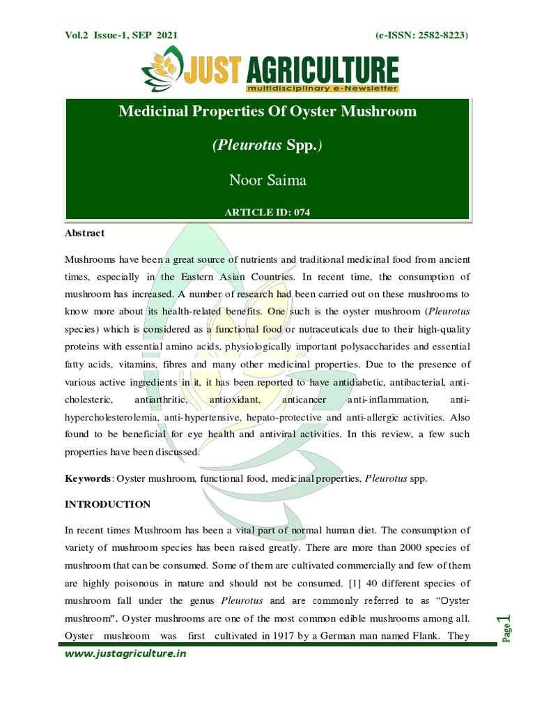 74. Medicinal Properties Of Oyster Mushroom PDF Nutrients Edible