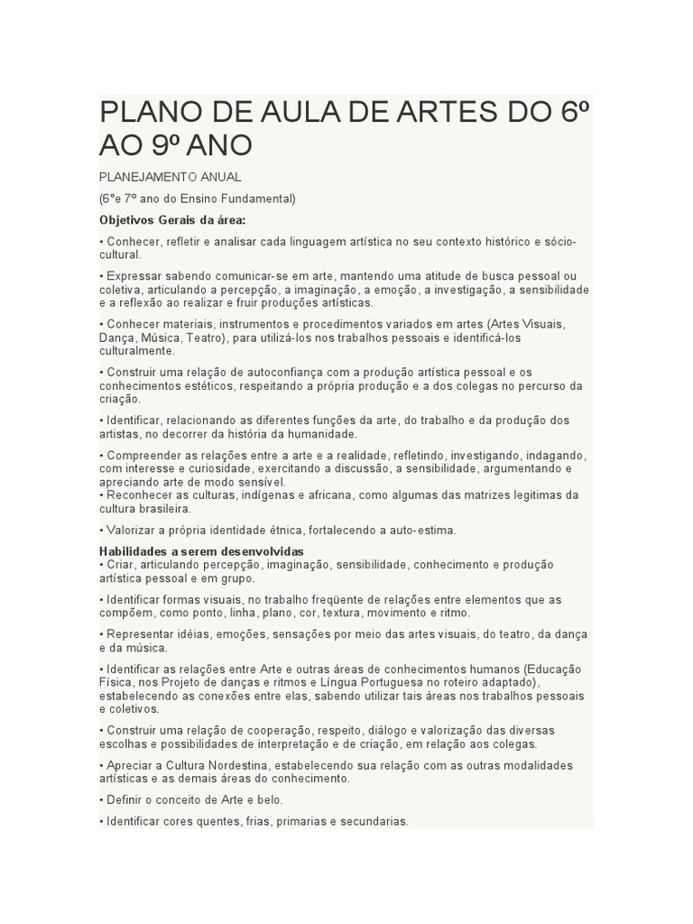 Plano de Aula de Artes Do 6º Ao 9º Ano | Download grátis PDF | Danças ...