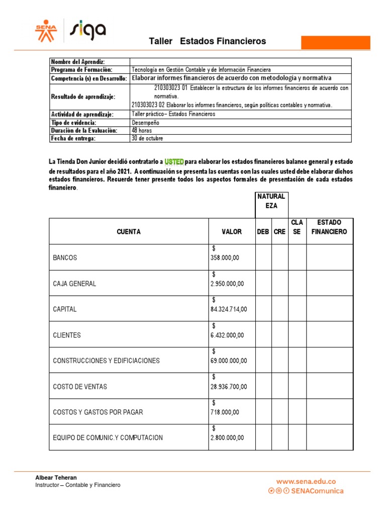 Taller de Elaboración de Estados Financieros | PDF | Contabilidad ...