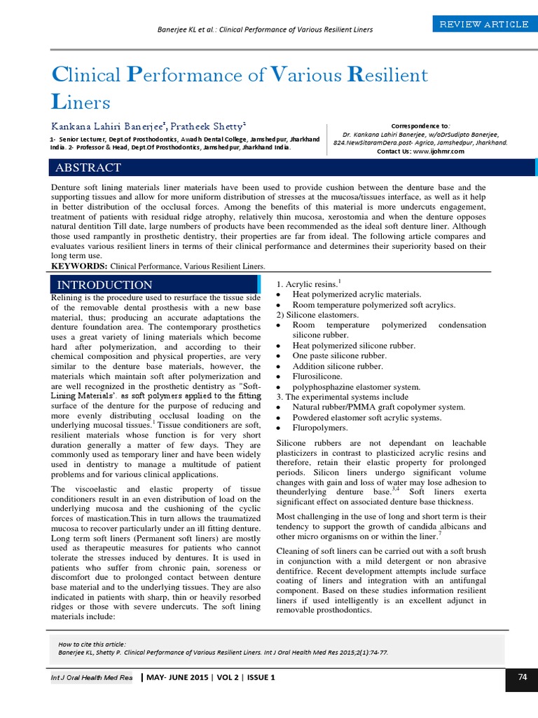 Clinical Performance of Various Resilient Liners PDF Dentures