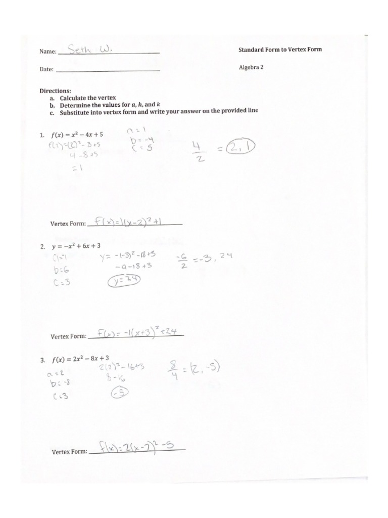 Standard Form to Vertex Form PDF