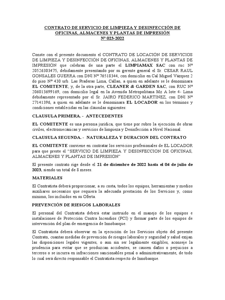 CONTRATO DE SERVICIO DE LIMPIEZA Y DESINFECCIÓN DE OFICINAS (2) PDF