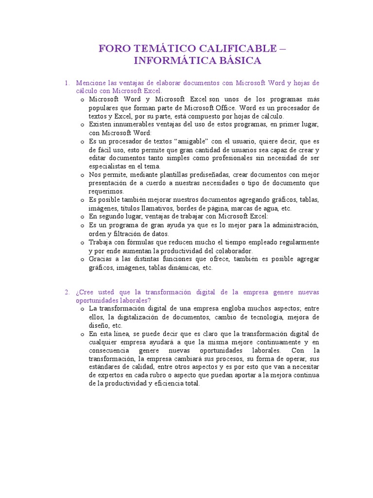 Foro Temático Calificable - Informática Básica | PDF | Microsoft Excel ...
