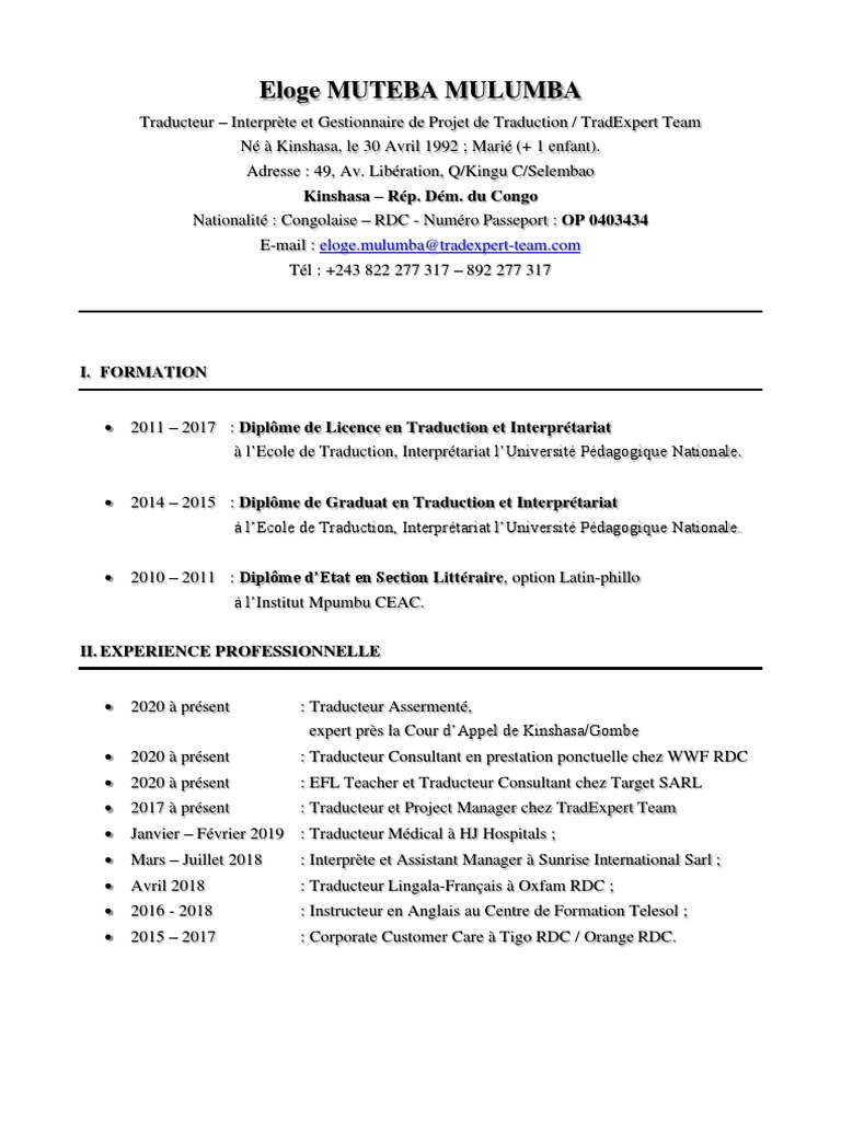 CV ELOGE MULUMBA 20 AVRIL 2023 - Update | PDF | République démocratique ...
