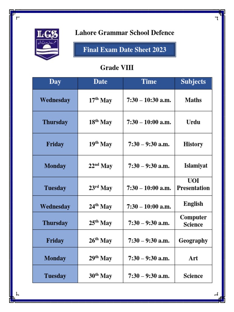 Grade 8 syllabus and date sheet pdf medina