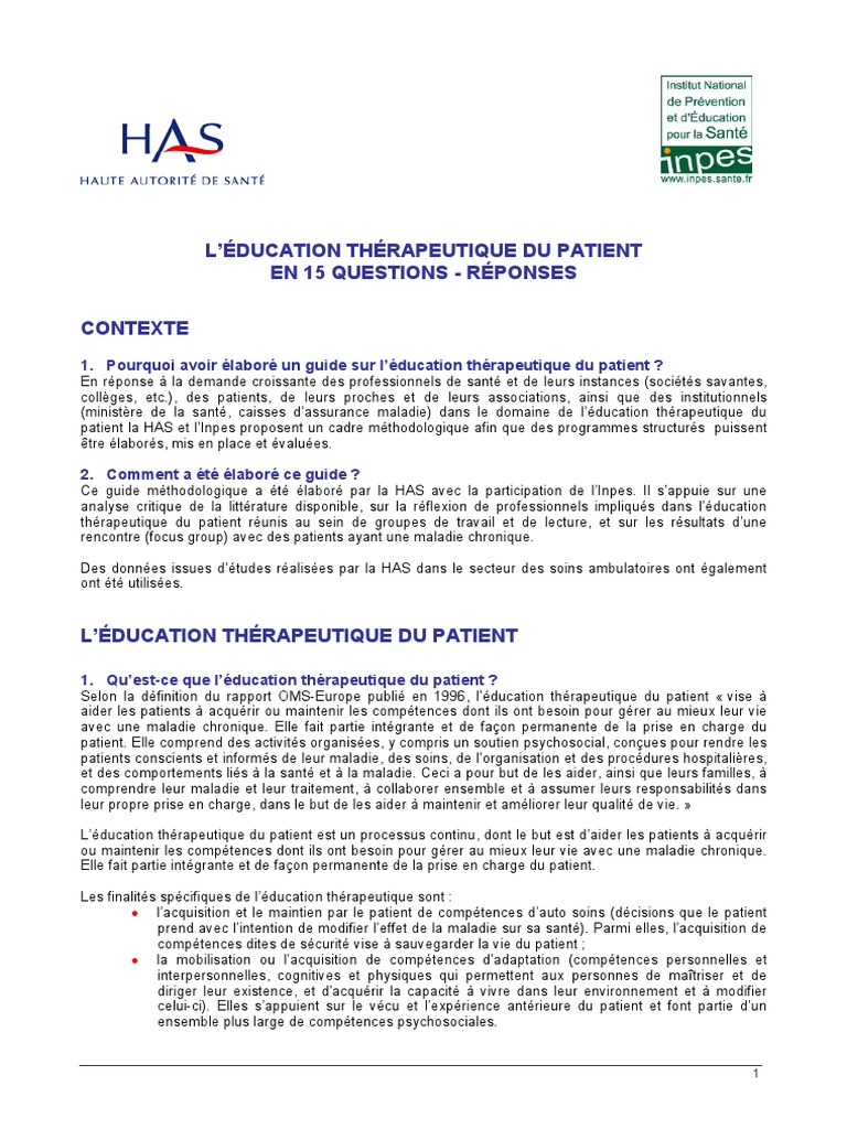 Éducation Thérapeutique du Patient : Guide en 15 Q/R | PDF | Soins de ...