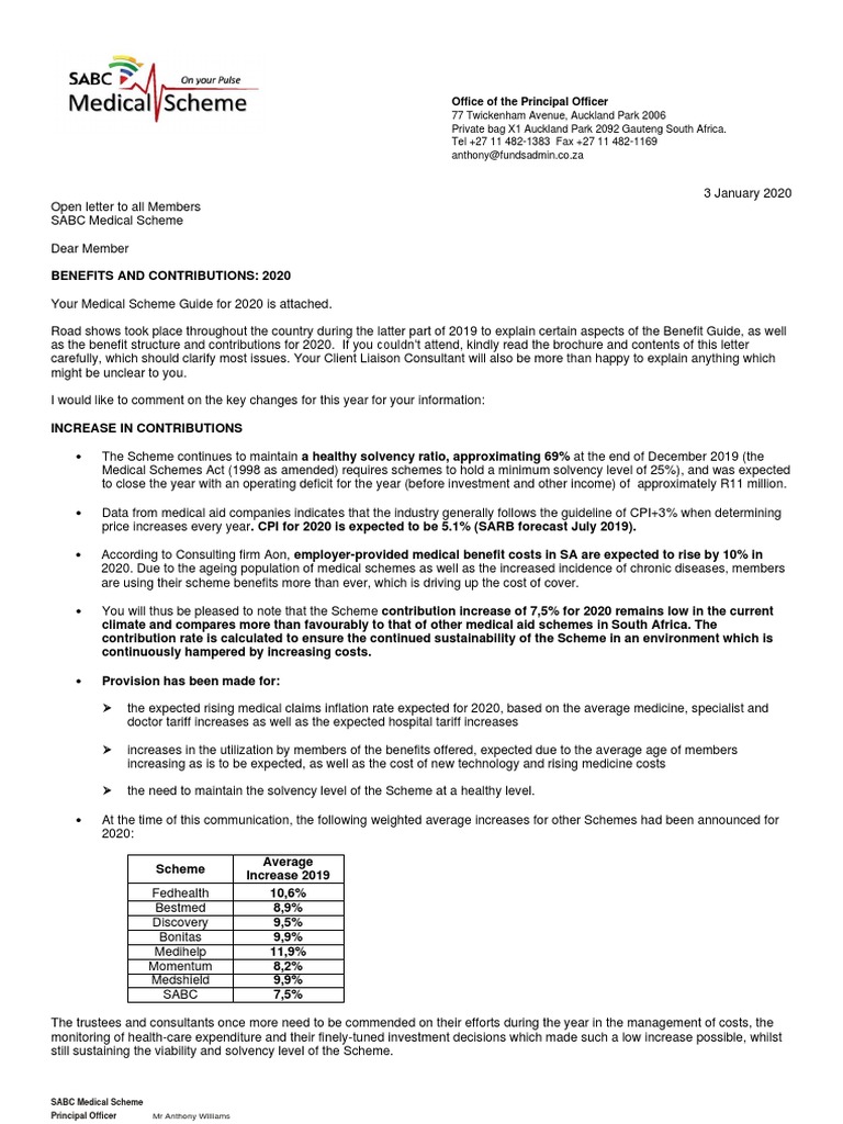SABC Medical Scheme Benefit Letter 2020 PDF Dentistry Chronic
