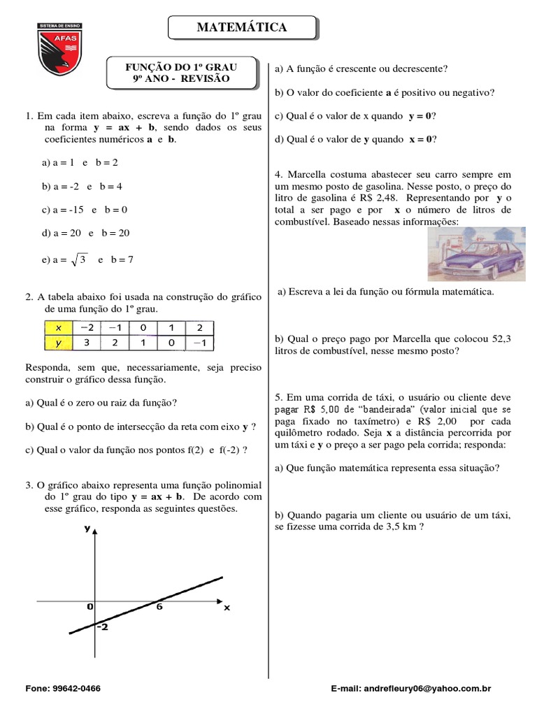 Revisão - Função Do 1º Grau - 9 Ano | PDF | Função (Matemática ...