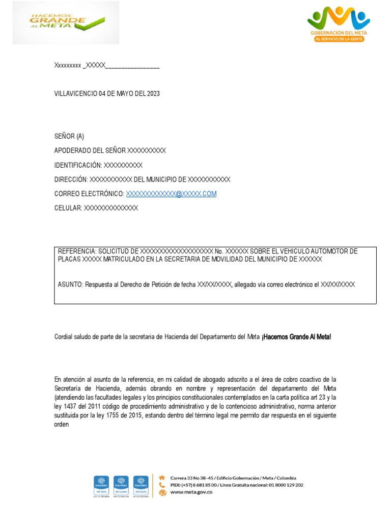 Modelo de Respuesta a Derecho de Petición | PDF | Petición | Gobierno