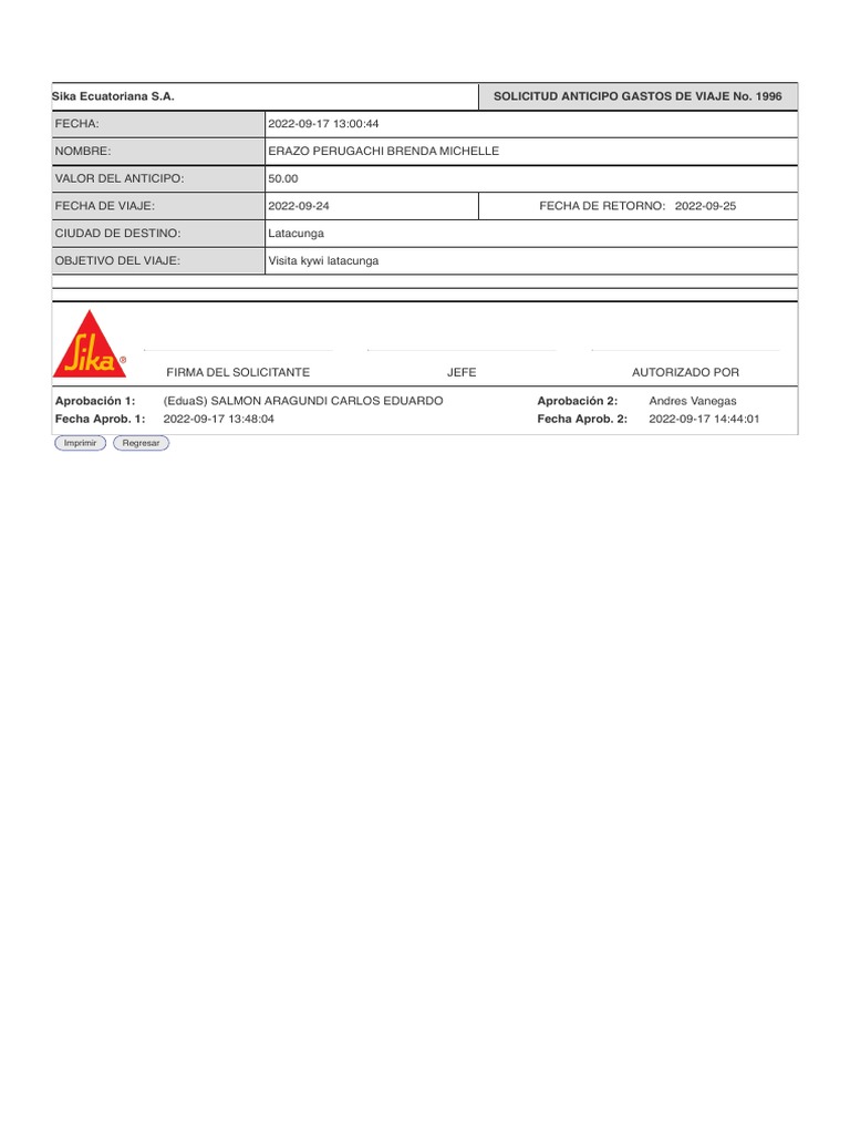 Solicitud Anticipo Viaje Latacunga | PDF