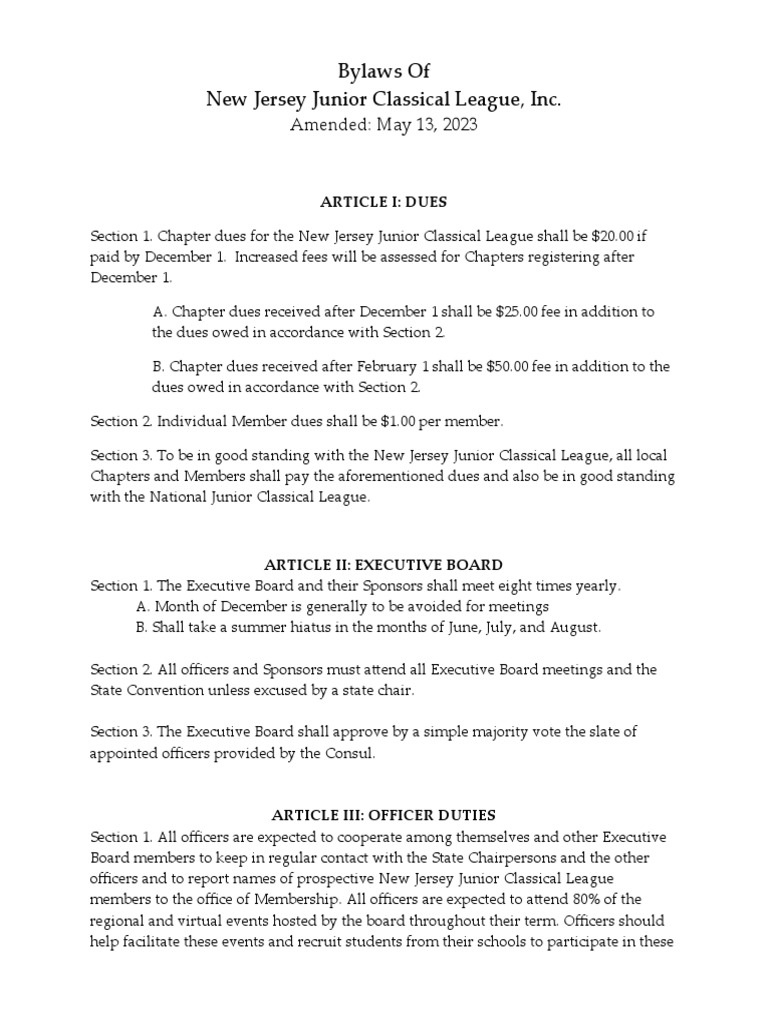 2023 Bylaws of The New Jersey Junior Classical League Inc PDF Board
