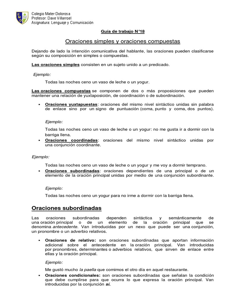 Lenguaje y Comunicacion Oraciones Simples y Compuestas 1MS25 | PDF ...