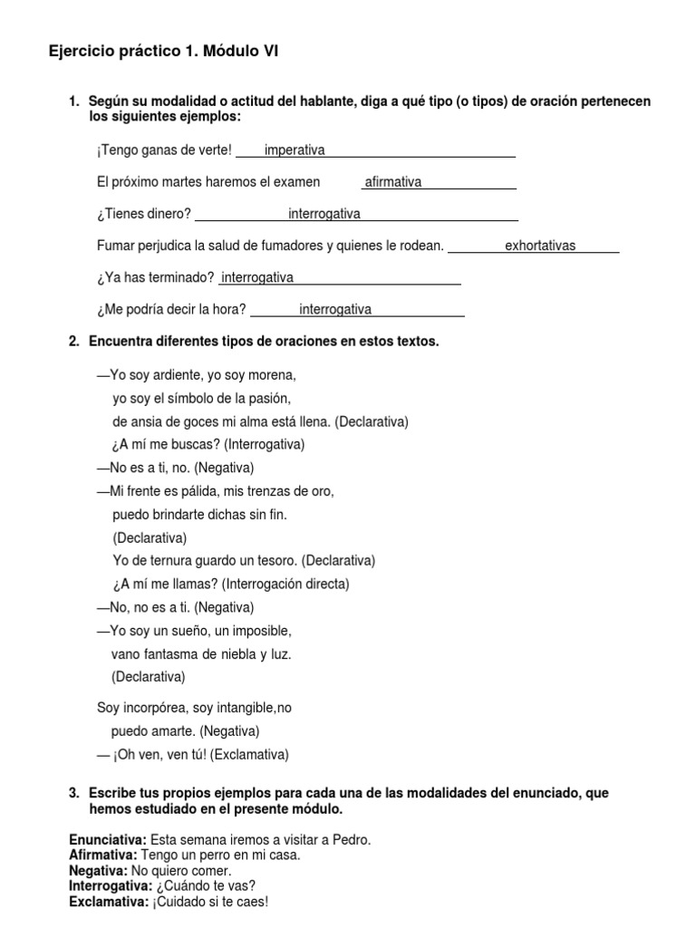 Tipos de Oraciones en Ejercicios Prácticos | PDF | Artes del Lenguaje y ...