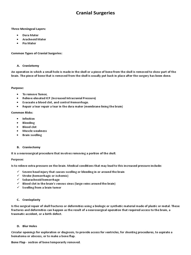 Overview of Cranial Surgeries and Care | PDF | Clinical Medicine ...