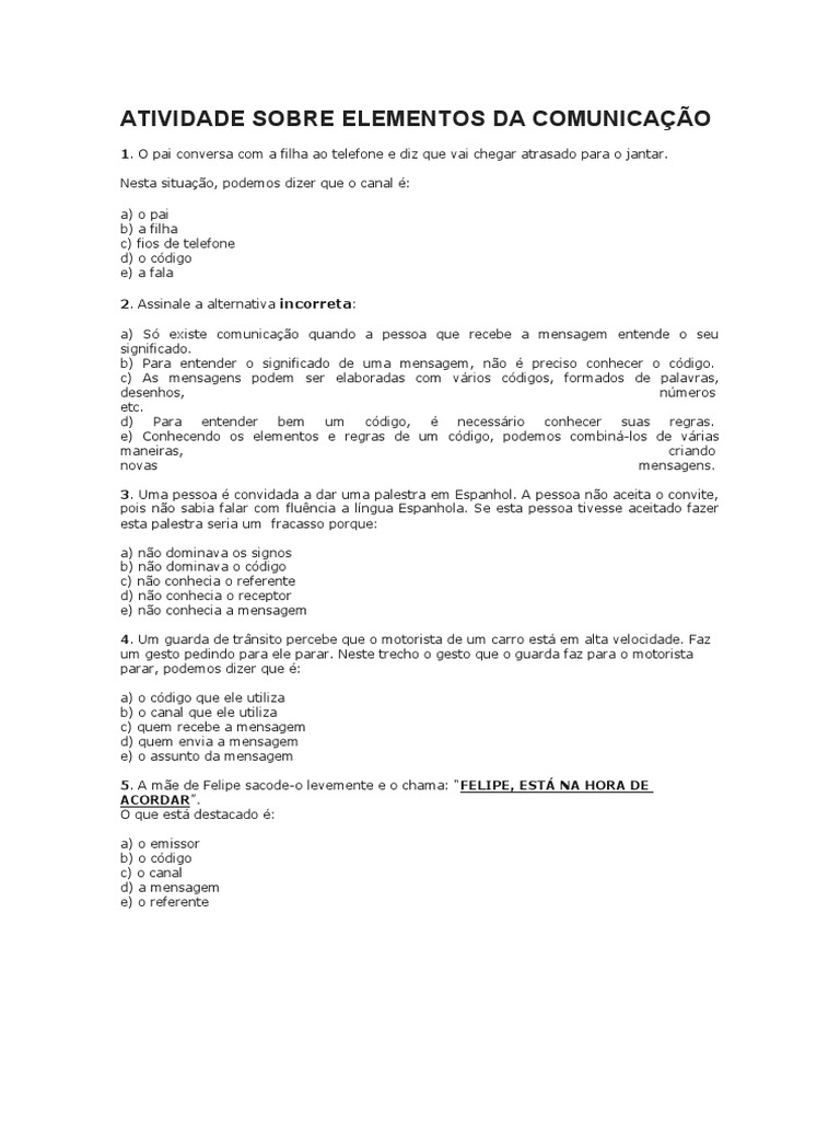 Atividade Sobre Elementos Da Comunicação | PDF