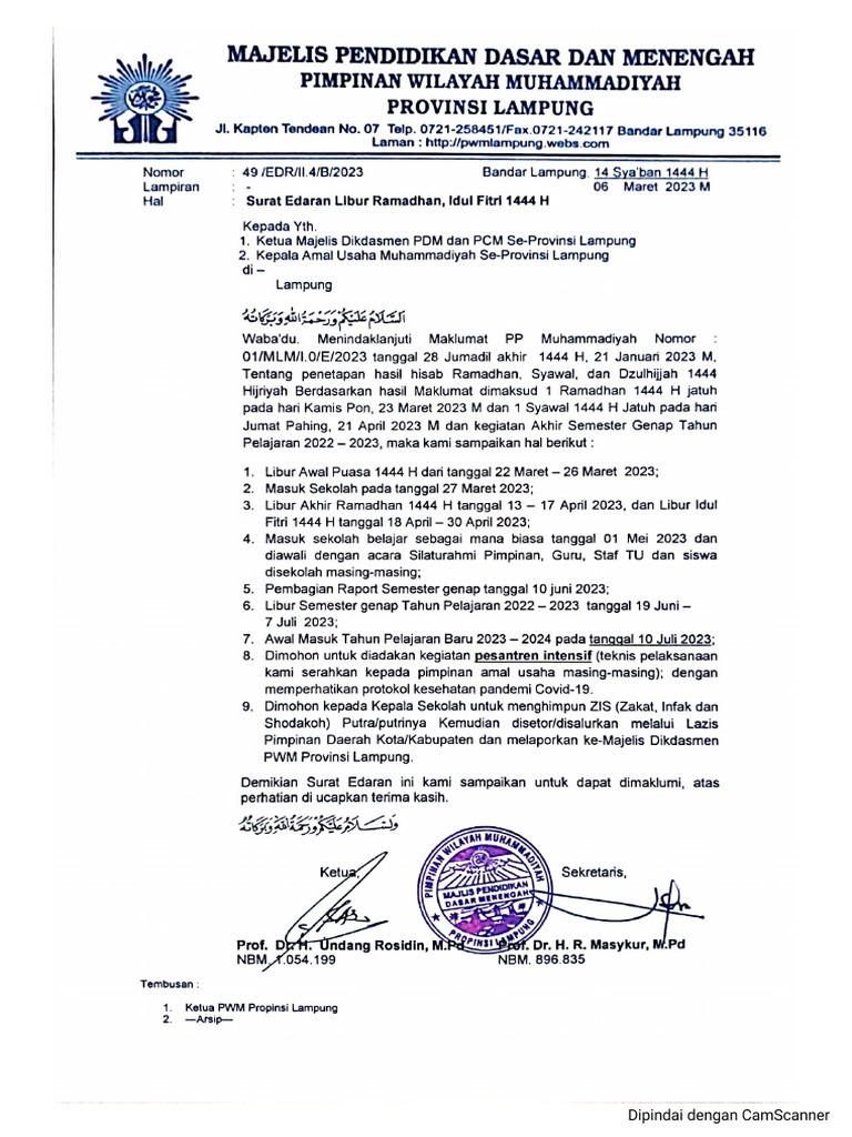 Surat Edaran Libur Awal Dan Akhir Ramadhan 1444 H PDF