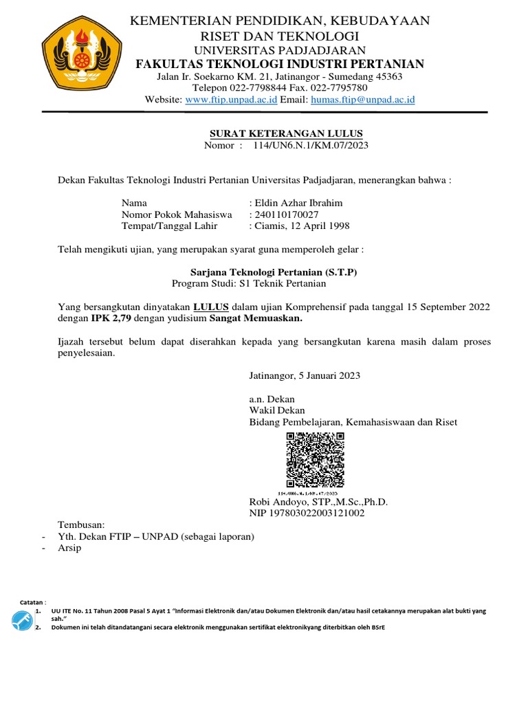 Surat Keterangan Lulus S1 FTIP UNPAD | PDF
