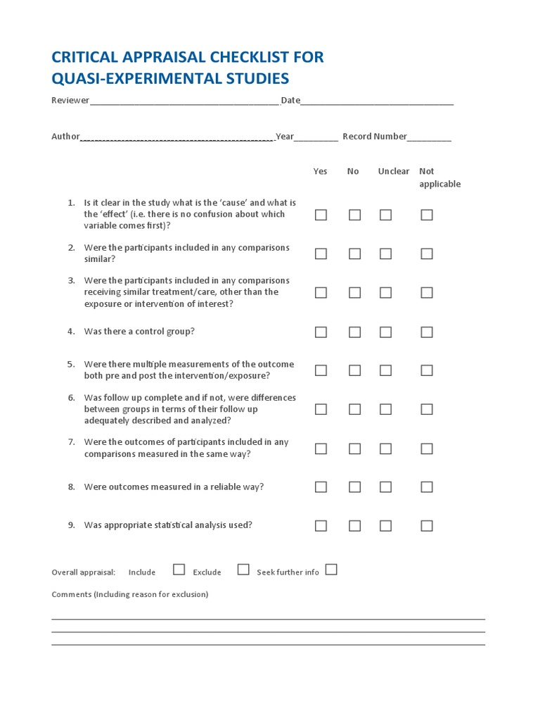 Checklist For Quasi-Experimental Appraisal Tool | PDF | Statistics ...