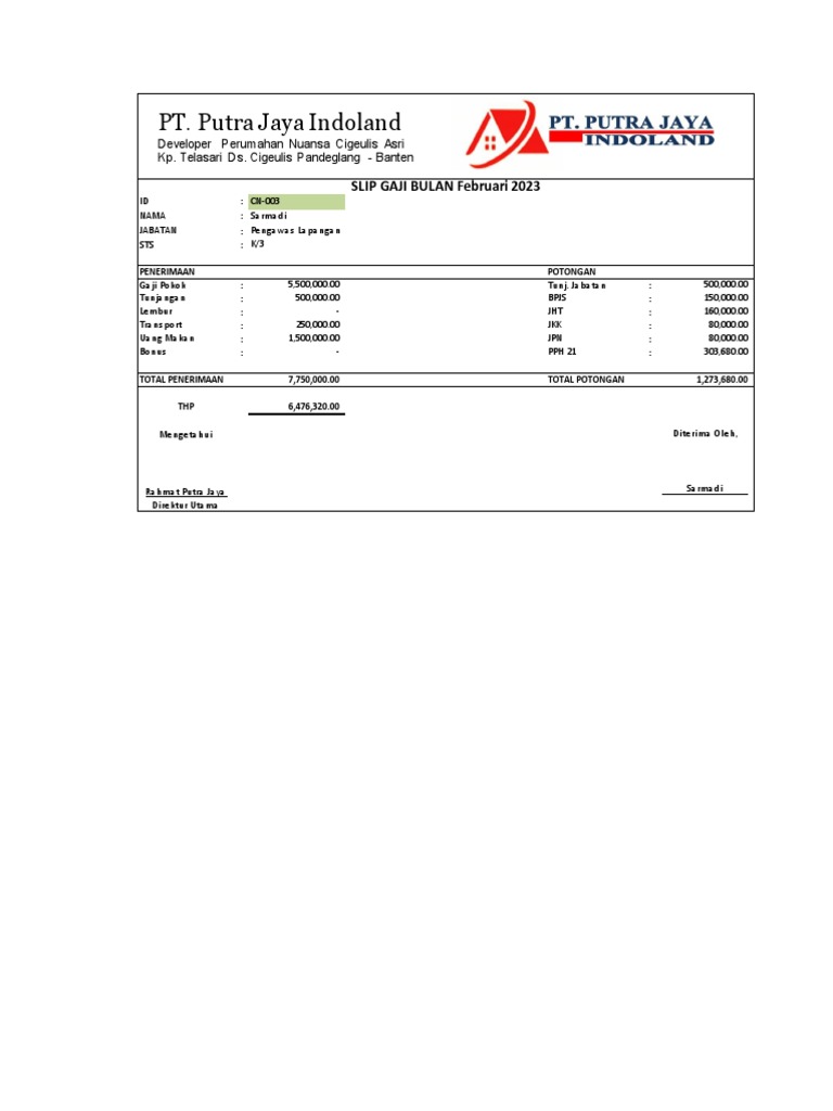 Slip Gaji (Februari2023) PT. Putra Jaya Indoland PDF