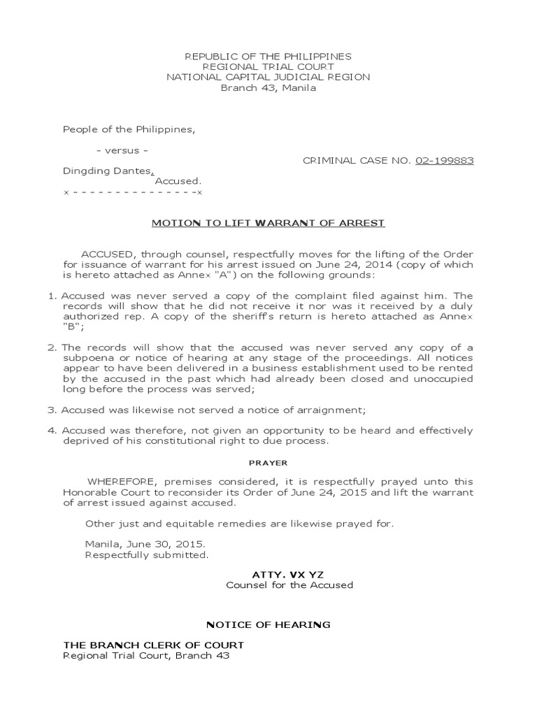 Motion To Lift Warrant of Arrest PDF Prosecutor Arrest