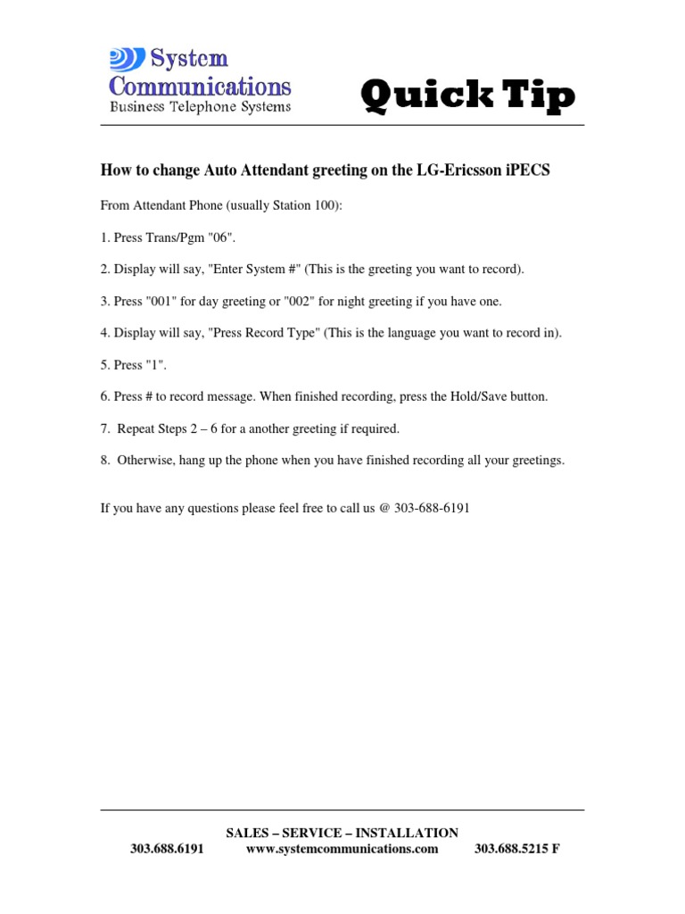 How To Change Auto Attendant Greeting On The LG PDF