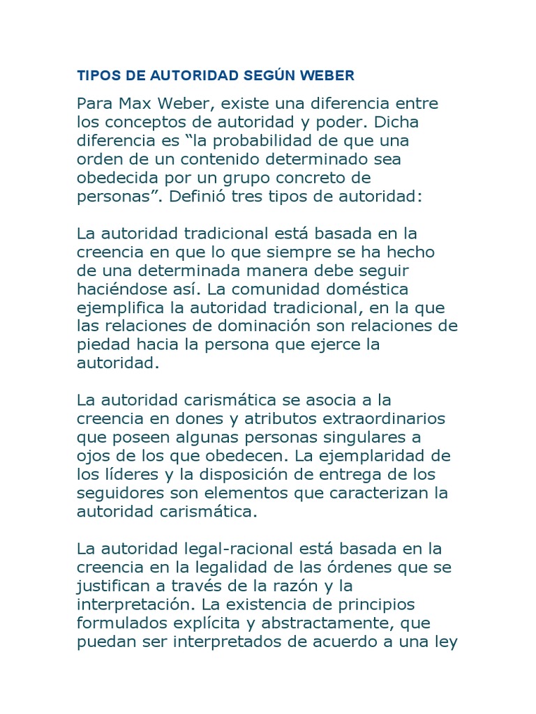 Tipos de Autoridad según Max Weber | PDF | Carisma | Comportamiento