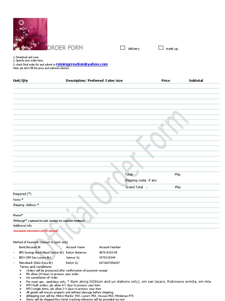 Order Form for Delivery and Meetups | PDF