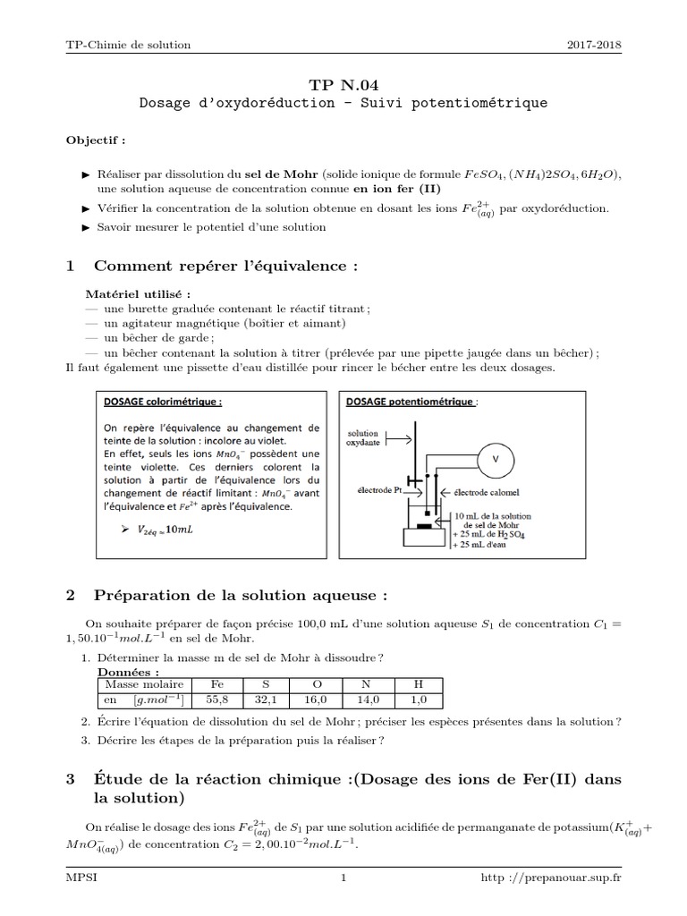Dosage de Sel de Mohr PDF Ion Réaction d'oxydoréduction — free download