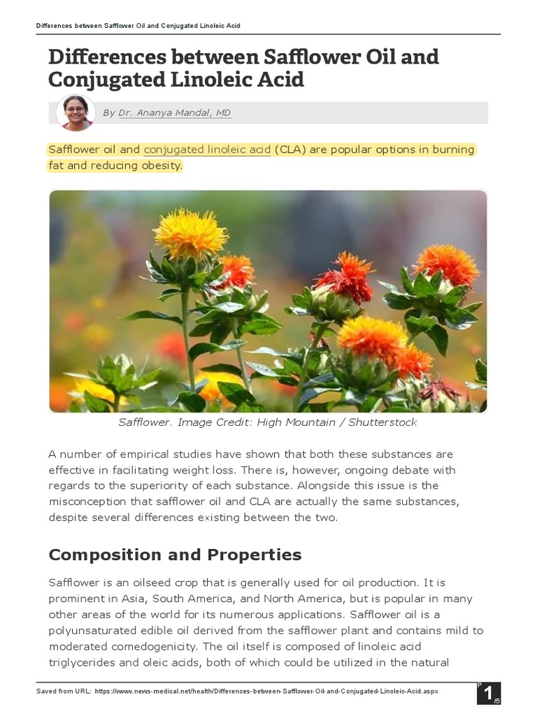 Differences Between Safflower Oil and Conjugated Linoleic Acid PDF Fat Body Mass Index